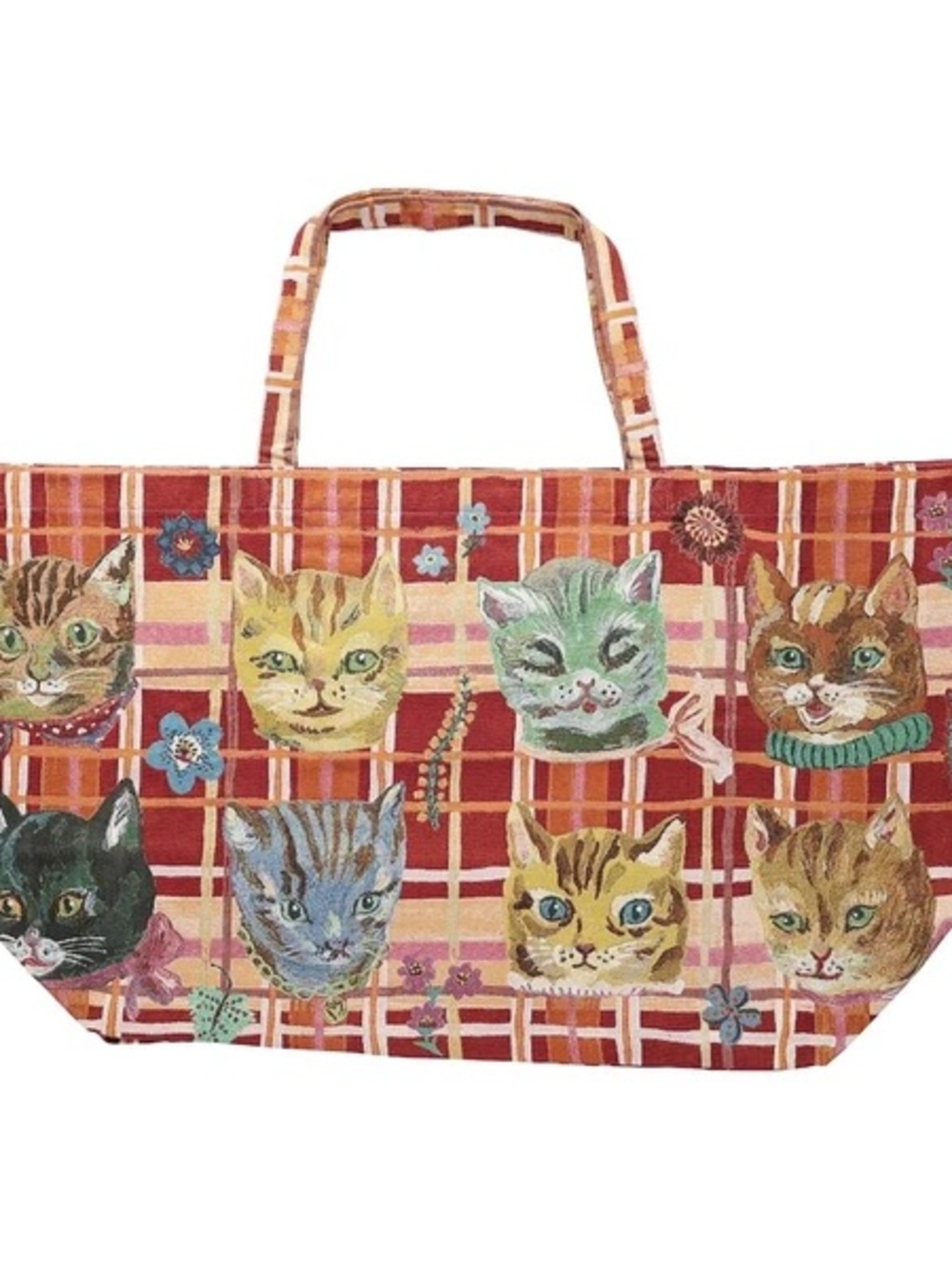 Nathalie Lete tapestry large MARKET bag! Tote bag. Plaid w/ Cat faces! New!
